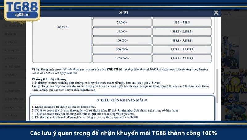 Các lưu ý quan trọng để nhận khuyến mãi TG88 thành công 100%.