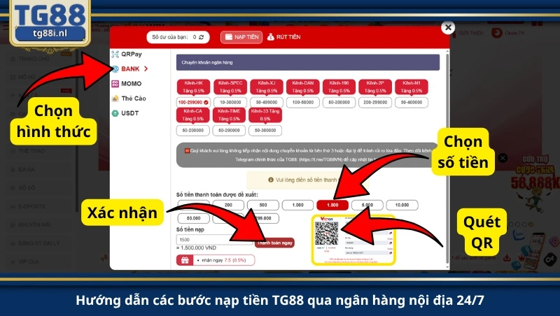 Hướng dẫn các bước nạp tiền TG88 qua ngân hàng nội địa 24/7.